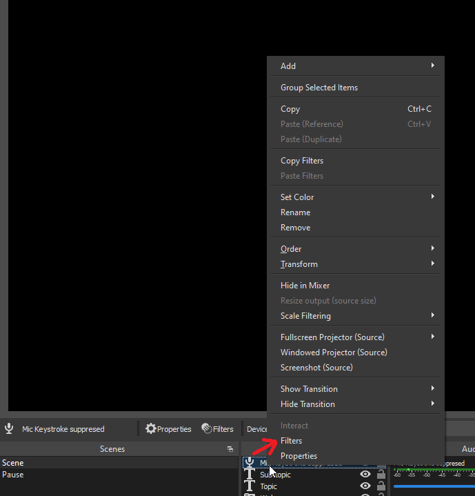 In OBS studio after right click on a microphone Source a contextual menu shows up. An arrow points to the 'Filters' option