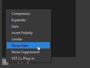 The 'Filters' dialog is opened for the microphone source. The '+' button has been clicked. A contextual dialog is visible & the mouse is over the 'Noise Gate' choice.