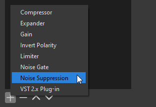 The 'Filters' dialog is opened for the microphone source. The '+' button has been clicked. A contextual dialog is visible & the mouse is over the 'Noise Suppression' choice.