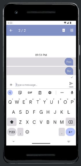 Application dans l'émulateur. Les 2 messages sont sélectionnés. L'option de copie dans le presse papier absente.
