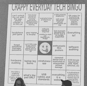 Un bingo de 5 cases sur 5 avec un smiley qui pleure au centre. Il est entouré de phrases telles que :”votre nom est invalide“, ”quelle est l’adresse du pad?“, ”câbles USB et standards“, ”J‘ai oublié le mot de passe du gestionnaire de mots de passe”...