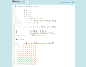 Capture d'écran du code du jeu de la vie en Uiua avec la coloration syntaxique